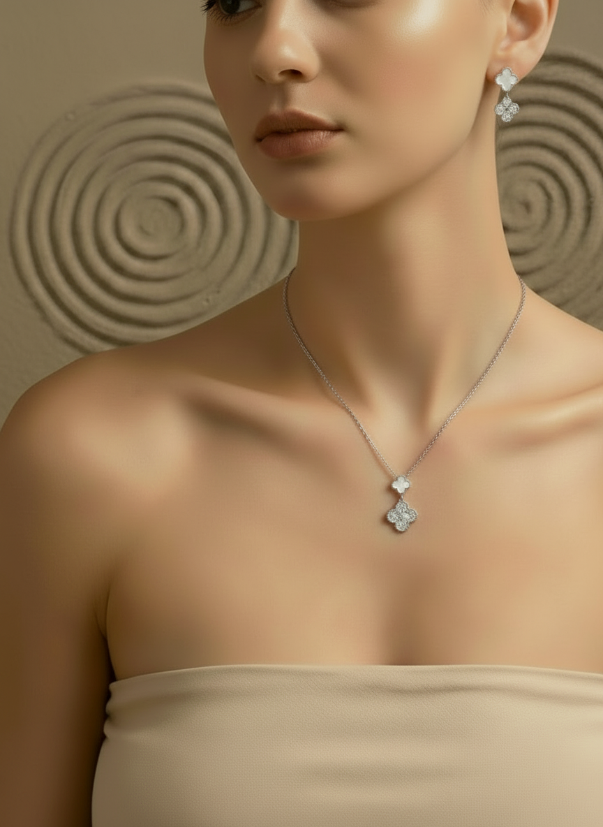 Conjunto Fancy Fortunata Branco e Brilhantes Prateado