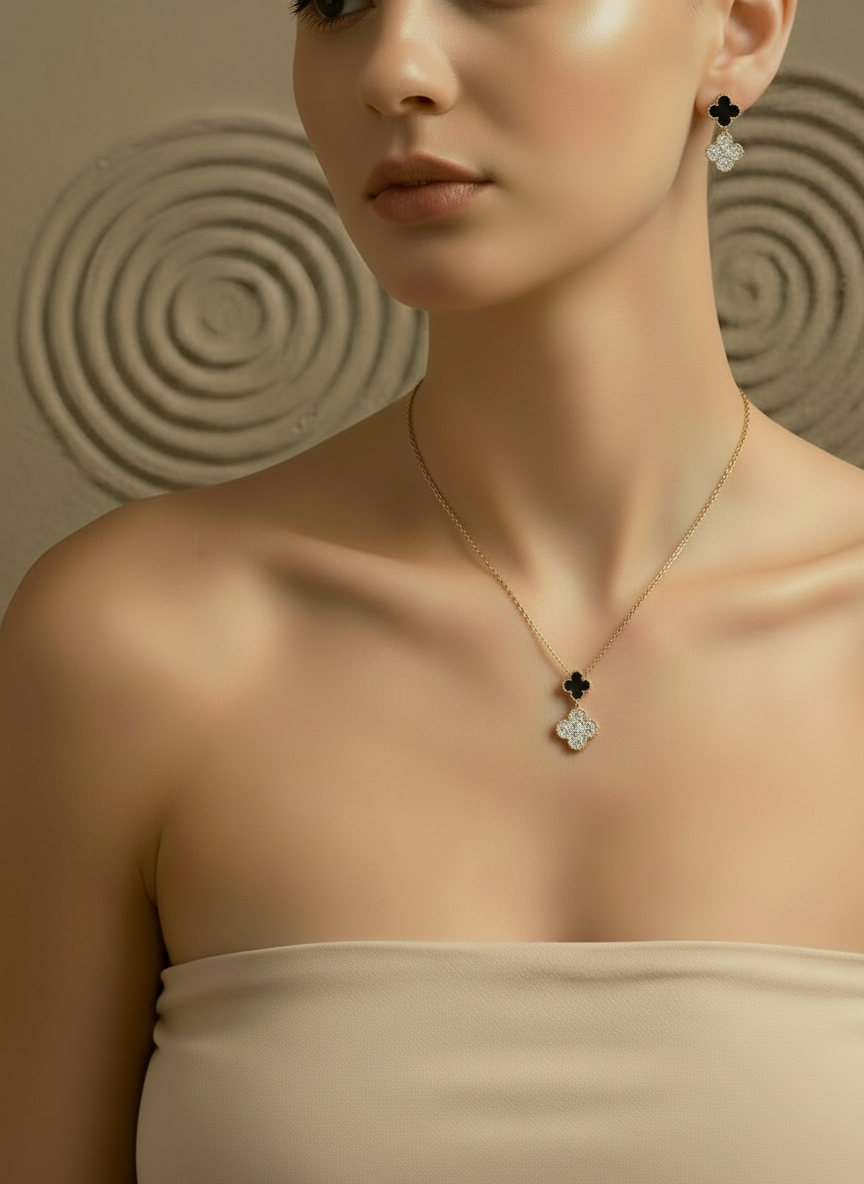 Conjunto Fancy Fortunata Preto e Brilhantes Dourado